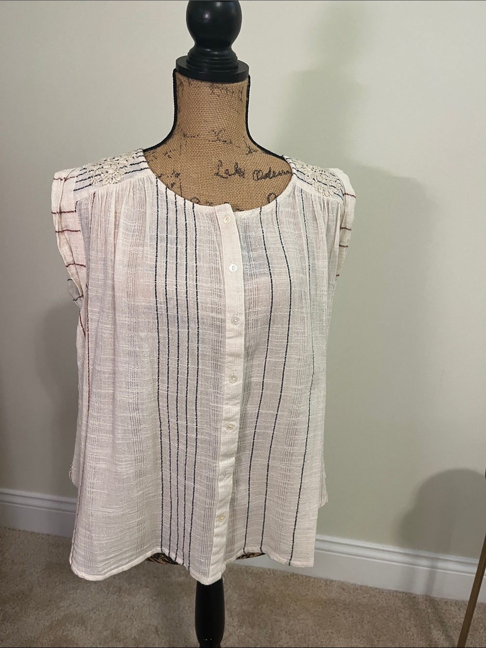Rachel Zoe White Sleeveless Button-Front Top with Navy Pinstripes